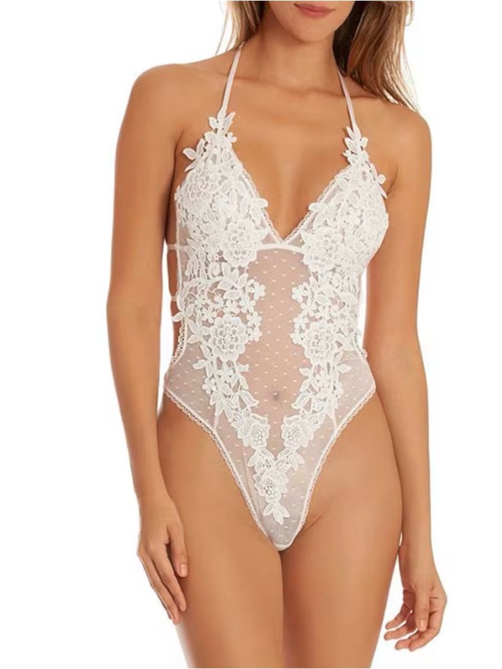 In Bloom by Jonquil Magnolia Lace & Mesh Dot Halter Neck Bodysuit Sz Medium